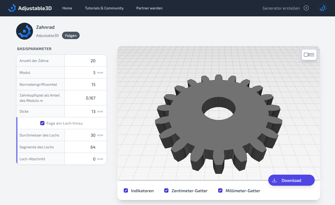 Adjustable3D: parametrisches 3D-Modell mit Live-Viewport im Browser