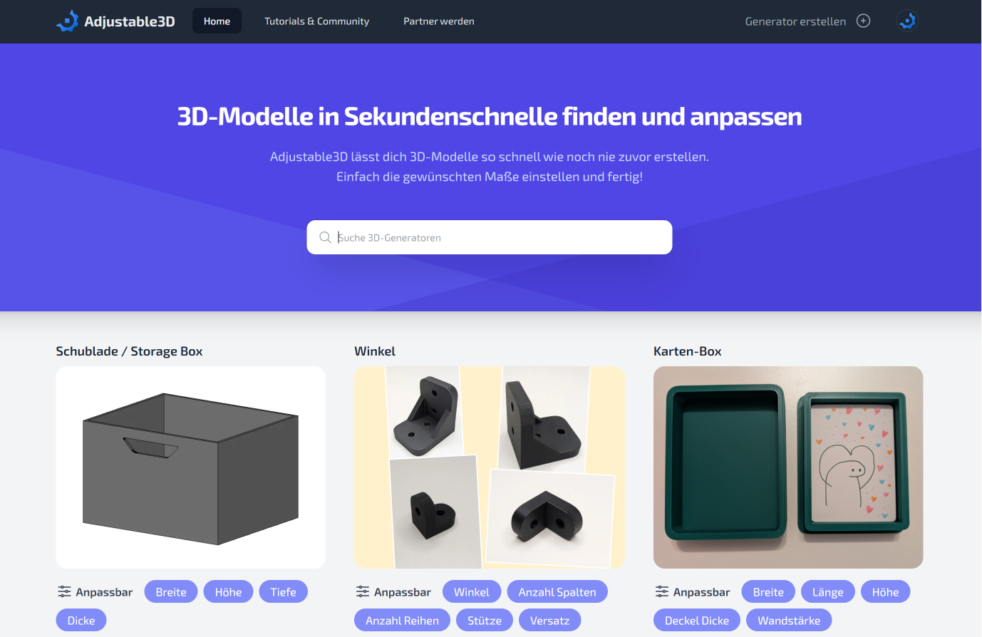 Adjustable3D-Landingpage mit Suchfeld und Auswahl der 3D-Modell-Generatoren