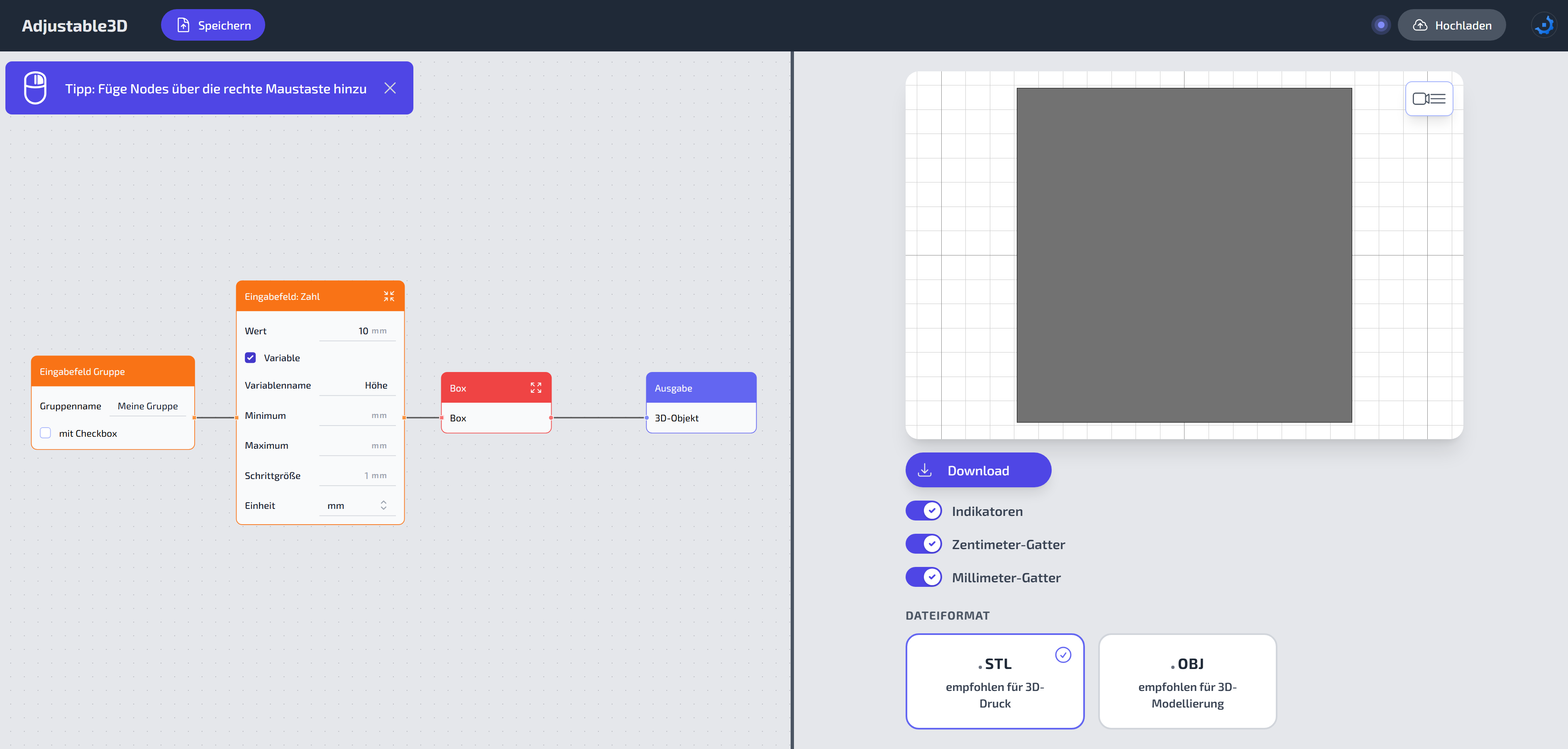 Der Node-Editor von Adjustable3D zum Bauen eigener 3D-Modell-Generatoren